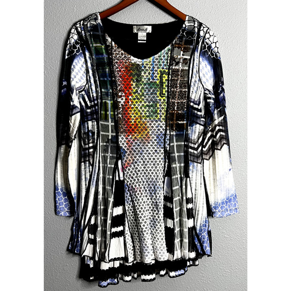 Ania. A Womens‎ Large Tunic Top Flowy Multicolor Layered Sheer Mixed Media Artsy - Picture 1 of 12